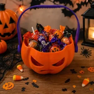 Calabaza Halloween Para Caramelos Caramelera 3d Naranja Con Asa Violeta