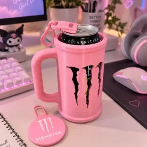 Porta Lata Monster Energy + Llavero Abridor + Tapa Soporte Fucsia